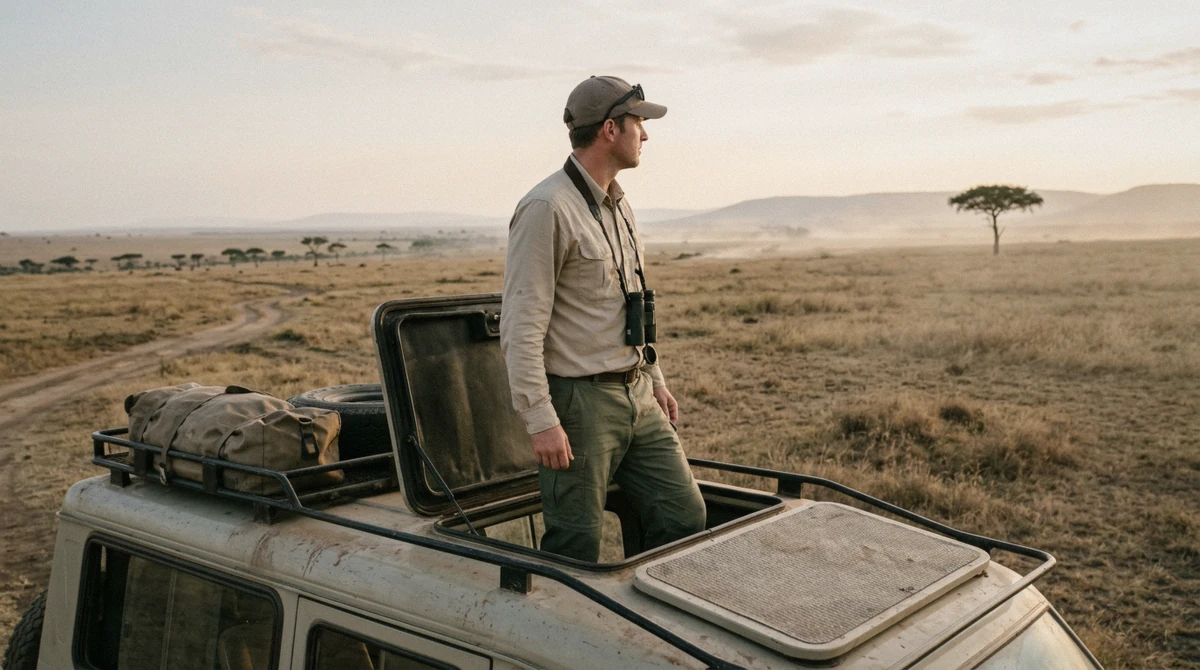 A man in a sand-coloured long-sleeve shirt and olive trousers with binoculars standing in a safari vehicle roof opening, dressed for Serengeti safari packages