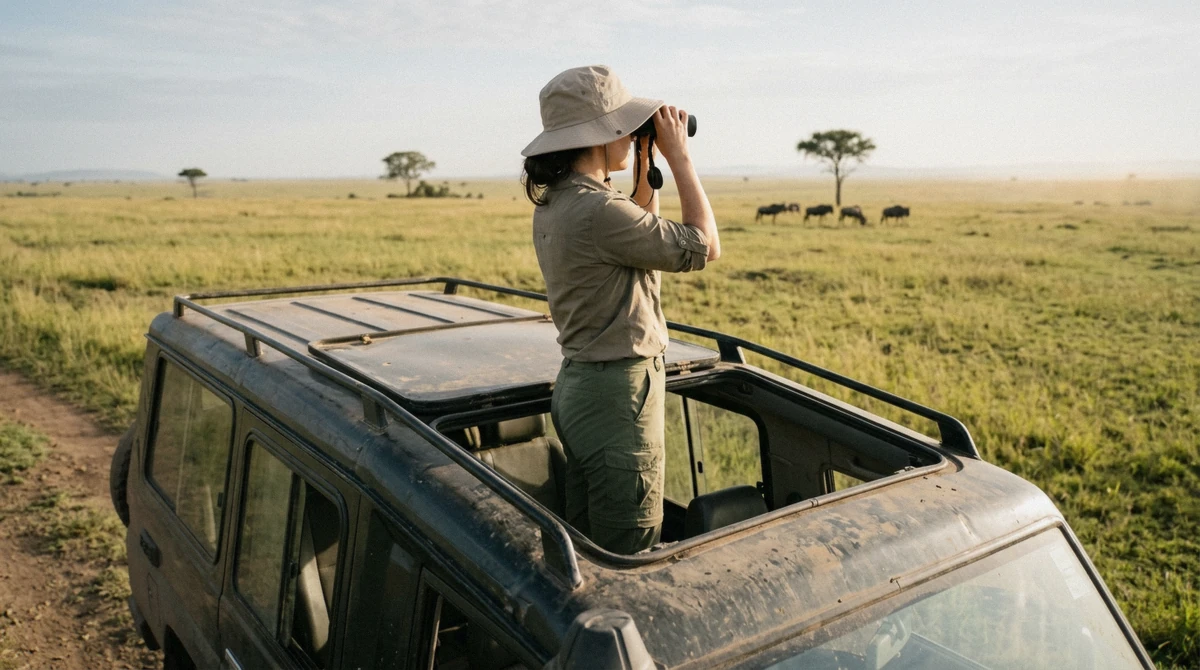 A woman in a khaki long-sleeve shirt, olive trousers and a wide-brim hat looking through binoculars from a safari vehicle roof, dressed for Serengeti safari packages