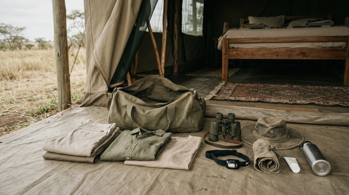 A soft duffel bag with folded neutral clothes, binoculars, a headlamp and a hat on a tent floor, packed for Serengeti safari packages